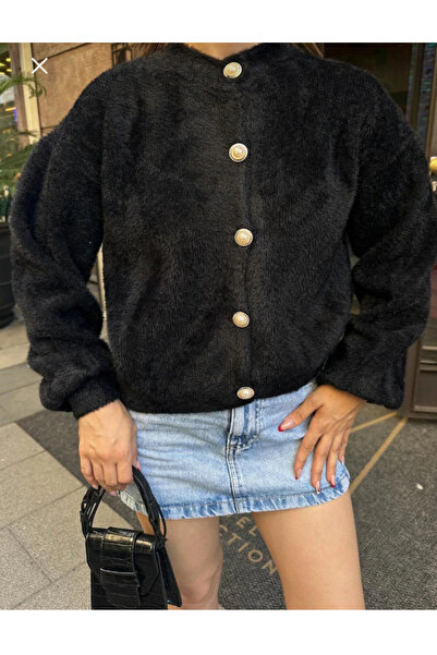 Store Elchee inci düğmeli sıfır yaka balon kol kadın yumoş hırka