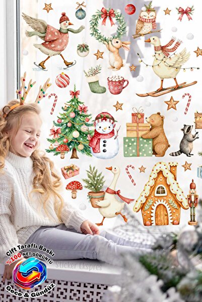 Sticker Ekspres Geese and Cute Animals Double-Sided Printed New Year Themed Glass Wall Door Sticker Set