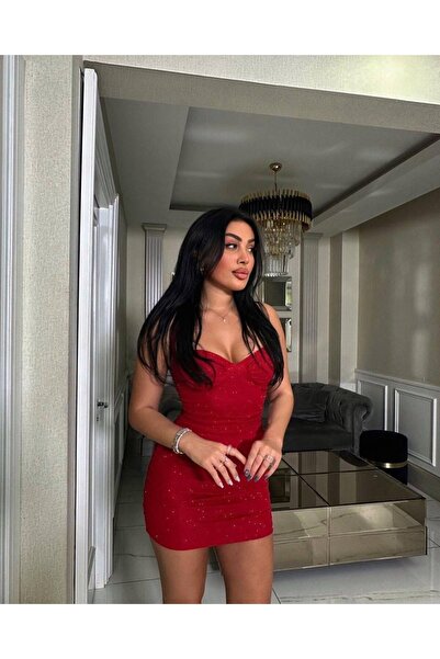 euro click Göğüs büzgülü Gloplu boyundan geçirmeli simli mini boy elbise