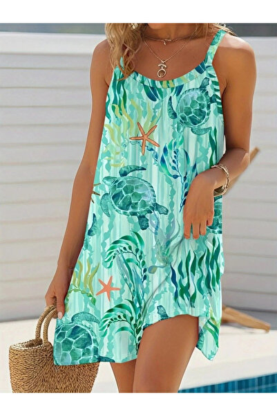 GENCULUS Women's strappy round neck turtle patterned supreme dress