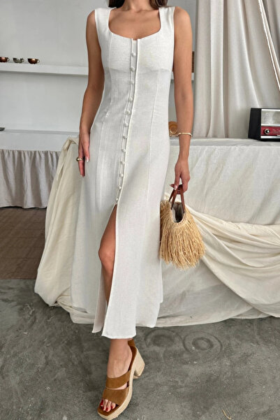 GENCULUS Chain Link Square Neck Detail Dress White