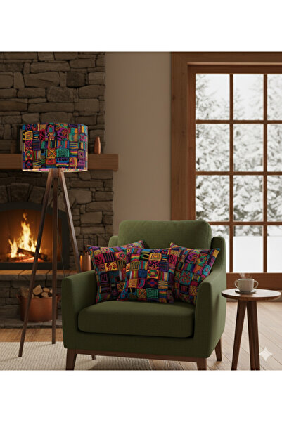 Otay Ev Dekorasyon El Yapımı Renkli Patchwork Desenli Kumaş Tripod Ayaklı Lambader