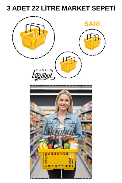 Manken İstanbul سلة تسوق سعة 22 لتر، 3 قطع، سلة تسوق، سلة تسوق بمقبض