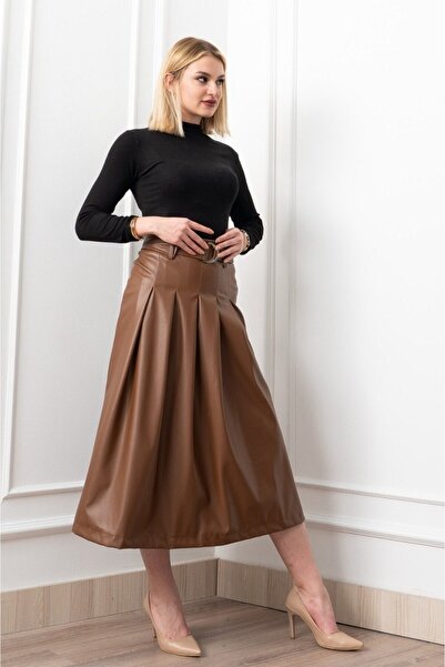 GİYSİ DÜNYASI 57 Suny Leather Fabric Side Zipper Slit Detail Long Skirt