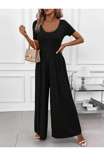 GENCULUS Women's Short Sleeve Round Neck Wide Leg Wrap Jumpsuit