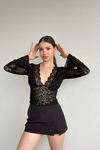 MİROR Women's V-Neck Patterned Lace Spanish Sleeve Blouse