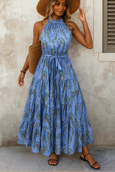 GENCULUS Women's Off Shoulder Halter Neck Patterned Single Jersey Blouse