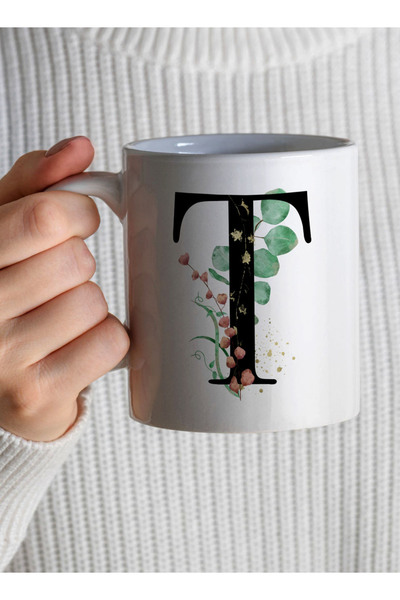 LOWHA 11 oz Ceramic Mug with Letter T Design on Both Sides