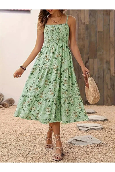 GENCULUS Women's Patterned Long Single Jersey Dress with Wide V-Neck and Rope Strap