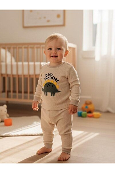 Zekids Baby Boy Cotton Textured Fabric Dinosaur Tracksuit Set