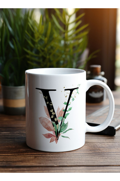 LOWHA 11 oz Ceramic Mug with Letter V Design on Both Sides