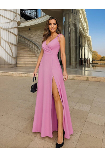 GENCULUS Women's Straps Shoulder Tie Double Breasted Collar Long Slit Janjan Crepe Dress