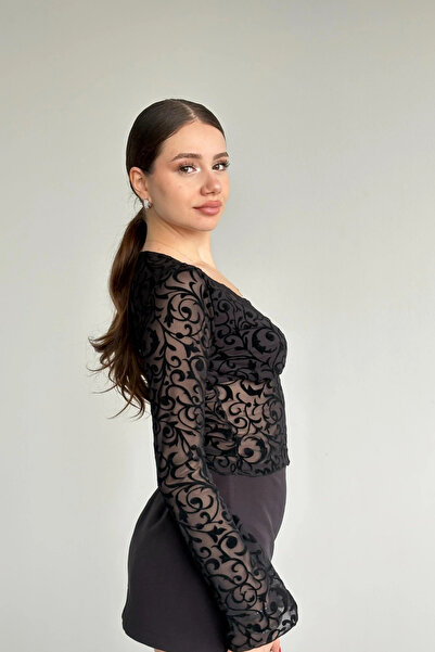 MİROR Women's V-Neck Patterned Lace Spanish Sleeve Blouse