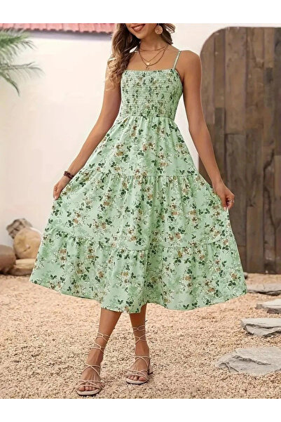 GENCULUS Women's Patterned Long Single Jersey Dress with Wide V-Neck and Rope Strap