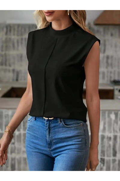 GENCULUS Women's Short Raglan Sleeve Semi Turtleneck Imported Crepe Blouse