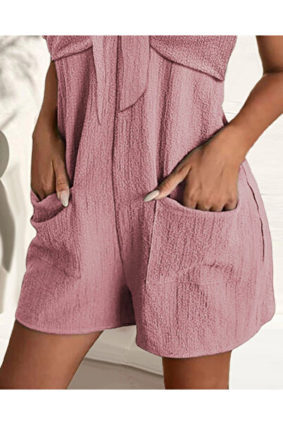 GENCULUS Women's Sleeveless Strappy Accessory Tie Front Detail Salopet Shorts Jumpsuit