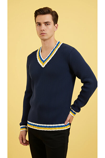 Digz fashion Navy Blue Yellow-Navy Blue Stripe Detailed Unisex Knitwear Sweater