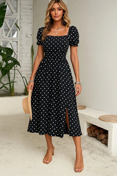 GENCULUS Women Short Sleeve Geometric Neck Slit Polka Dot Midi Knitted Crepe Dress