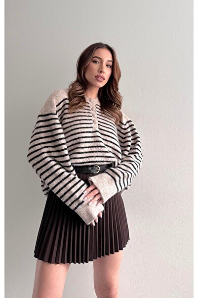 fujya Striped Buttoned Oversized Knitwear Sweater