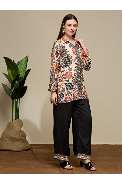 PRIYA'S PANACHE Ethnic Floral Printed Muslin Silk Kurta Pant Co-ord Set | Indian Dress Ladies Kurti Set for Women