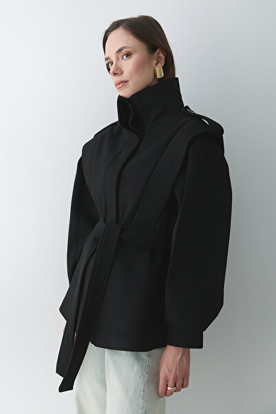 Laluvia Black Epaulettes Shoulder Pad Piece Cashmere Coat - 1005