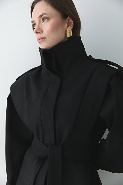 Laluvia Black Epaulettes Shoulder Pad Piece Cashmere Coat - 1005