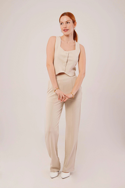 GENCULUS Thick Strap Buttoned Vest and Trousers Beige Set