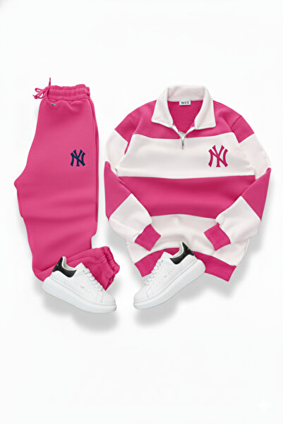 NİCE Pink Color Unisex Five Piece Mock Neck Ny Printed Tracksuit Set-Top Bottom Set