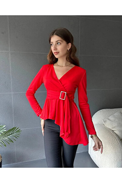 GENCULUS Women's Double Breasted Collar Belt Detail Asymmetrical Cut Blouse