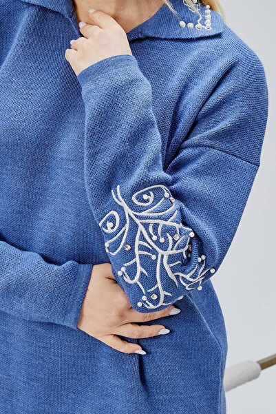 Jinx Wear Fashion Women's 2-Piece Acrylic Knitwear Set with Collar and Sleeve Lace Detail and Pearl Detail