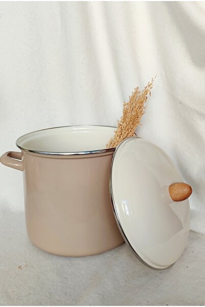 EBRULİEMAYE Cappucino Beige Enamel Stockpot Deep Pot Bakraç 7 Liters 24 cm Diameter Jam Canning Pot