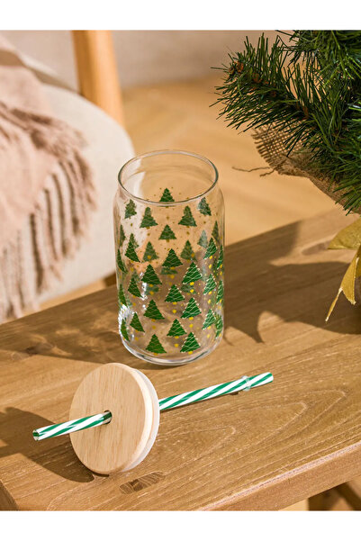 LC Waikiki Lcw Home Green Christmas Themed Glass Cup with Straw 450 ml