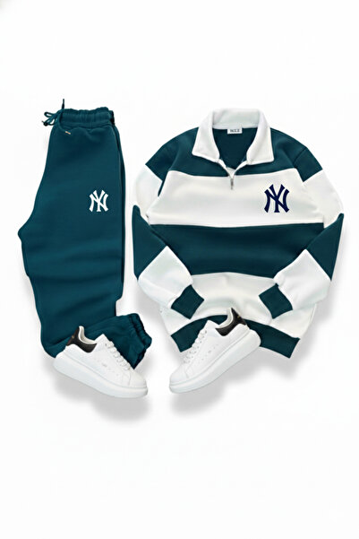 NİCE Petrol Blue Color Unisex Five Piece Mock Neck Ny Printed Tracksuit Set-Top Bottom Set