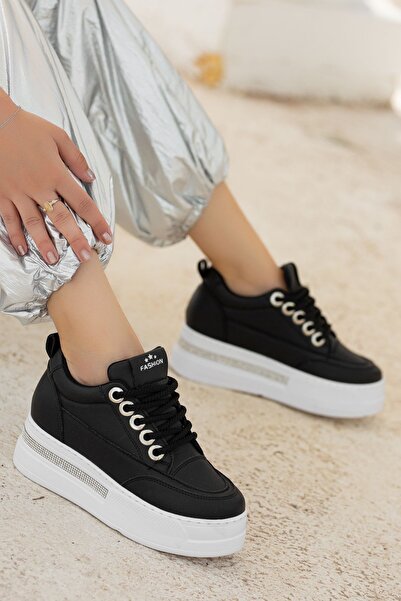 FRESCO SCARFS Lulu Black Leather White Sole Lace-Up Sneakers 261578