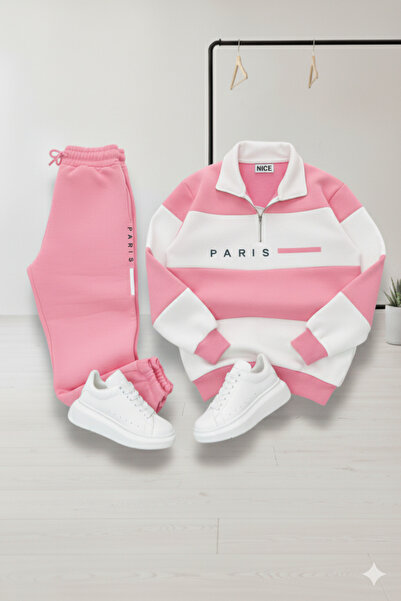 NİCE Unisex Five Piece Mock Neck Paris Printed Tracksuit Set-Top and Bottom Set