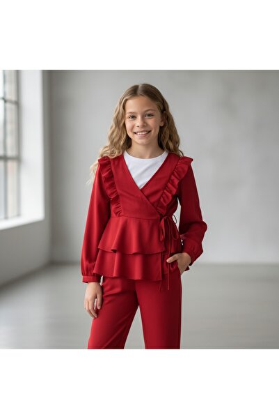 FESSHERA KİDS Girl's Suit with Ruffles Stylish and Comfortable Crepe Fabric Ruffled Double-Breasted Collar Two-Piece Suit Kimono