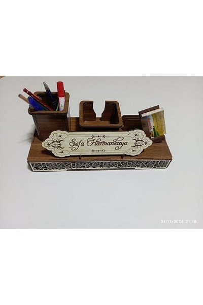 Ahşap Dekoratif Çekmeceli Ofis Masaüstü İsimlik Ve Organizer Seti