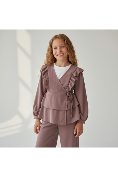 FESSHERA KİDS Girl's Suit with Ruffles Stylish and Comfortable Crepe Fabric Ruffled Double-Breasted Collar Two-Piece Suit Kimono