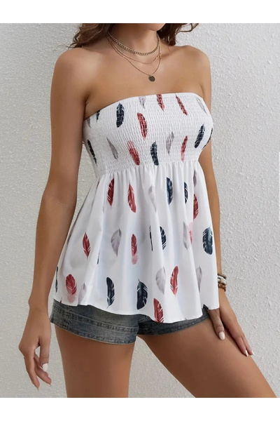 GENCULUS    Women's Leaf Patterned Mosskrept Strapless Blouse with Chest