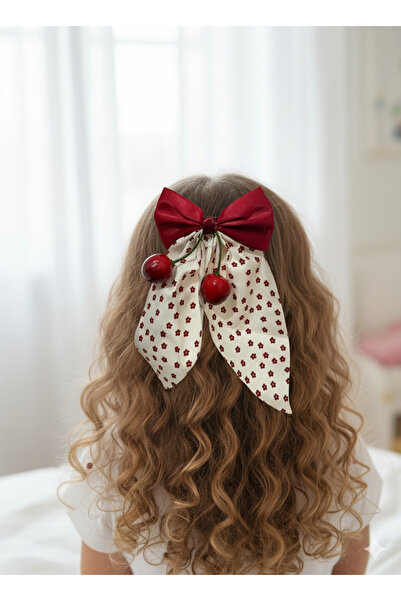 HEK LİFE Kirazlı Büyük Fiyonk Saç Tokası Kırmızı Desenli Uzun Kuyruklu Çocuk ...