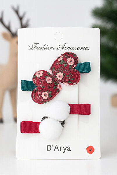 Darya Dd611 Red Floral Patterned Heart & White Pompom Hair Clip Set (Set of 2) – Christmas Themed