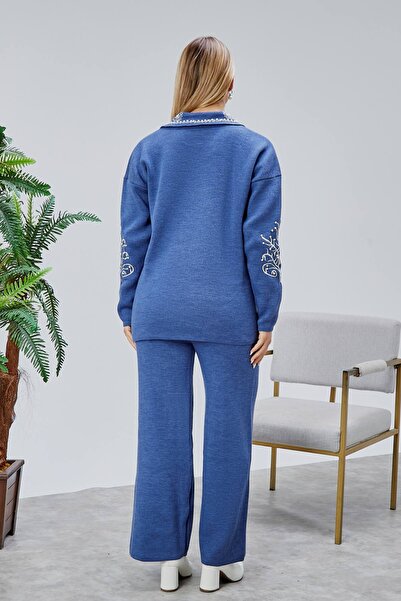 Jinx Wear Fashion Women's 2-Piece Acrylic Knitwear Set with Collar and Sleeve Lace Detail and Pearl Detail