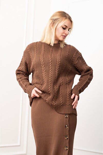 GİYSİ DÜNYASI 57 Knit Fabric Sweater with Knit Detail and Button Detail Skirt 2-Piece Set