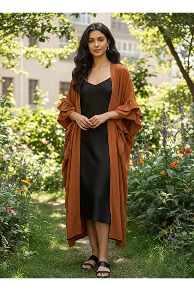 Cockatoo Women's Brick Color Relax Fit Long Ruffle Detailed Kimono & Abaya & Kaftan