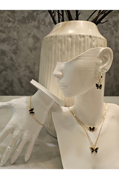 Alyas Aksesuar 4 Piece Stone Butterfly Jewelry Set Black