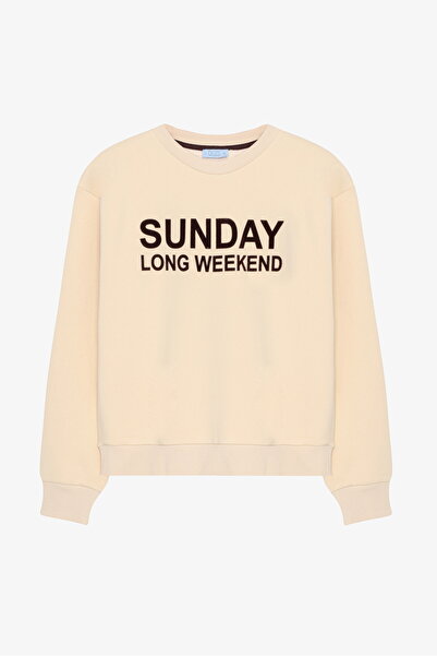 Quzu Print Detailed Oversized Sweatshirt Beige