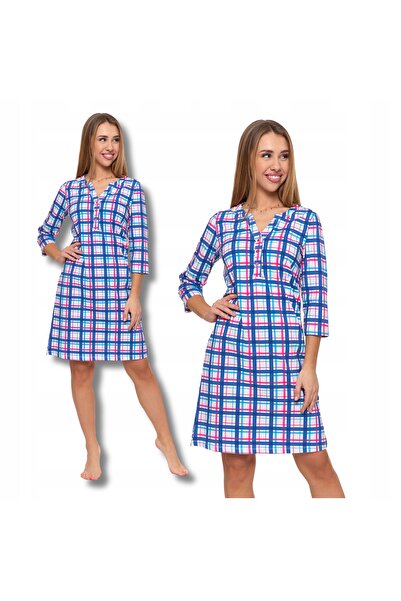 MORAJ Women's Checkered Nightgown Pajamas 3/4 Sleeve Elegant - M