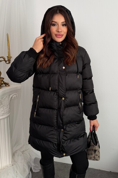 moda armanc Women's Black Long Hooded Puffer Coat – Oversized Winter Gold Buttons