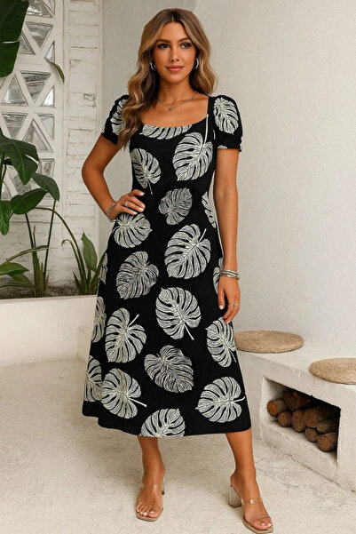 GENCULUS Women Short Sleeve Geometric Neck Slit Polka Dot Midi Knitted Crepe Dress