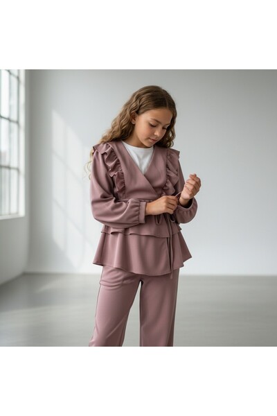 FESSHERA KİDS Girl's Suit with Ruffles Stylish and Comfortable Crepe Fabric Ruffled Double-Breasted Collar Two-Piece Suit Kimono